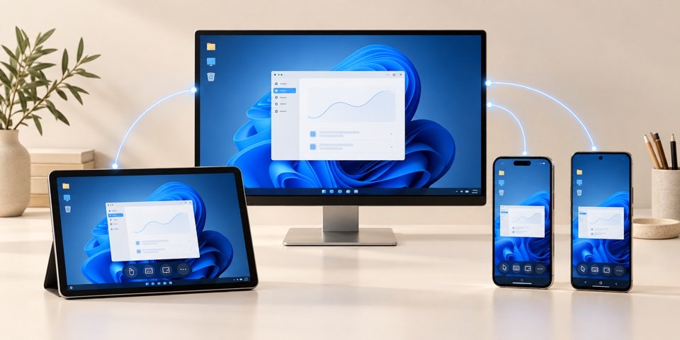 iPhone, iPad и Android показывают рабочий стол удалённого компьютера на фоне светлого рабочего места